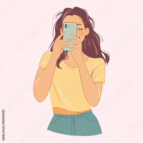 Woman taking selfie photo by mobile camera vector