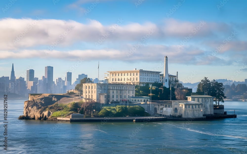 Naklejka premium A photo of Alcatraz Island from the shore of San Francisco Bay. The island is surrounded by water, with a few boats in the foreground. The sky is overcast. The Golden Gate Bridge is visible in the bac