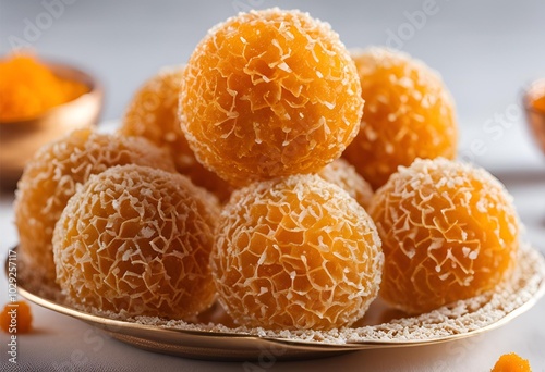 Enjoy delicious Laddu, a traditional Indian dessert, made from sweet flour and ghee, perfect for festive celebrations photo