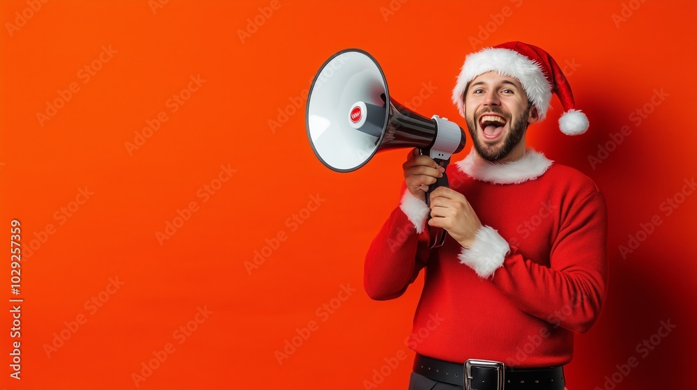 Cheerful man in Santa hat and sweater enthusiastically holding a megaphone against an orange background during the festive season Cheerful man in Santa hat and sweater enthusiastically holding a megaphone against an orange background during the festive season