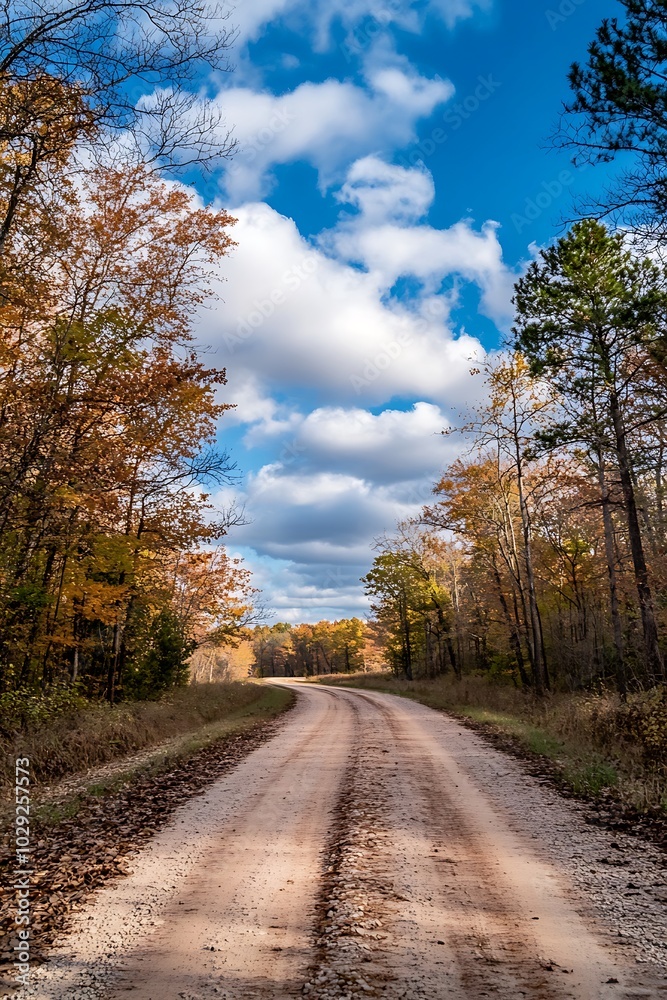 Fototapeta premium Winding Dirt Road Through Autumn Forest Under Blue Sky