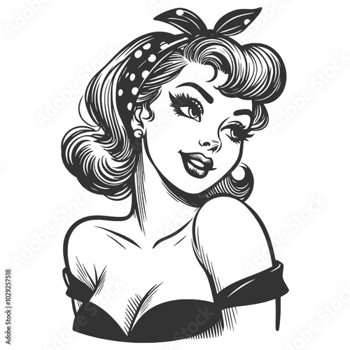 pin-up woman, polka dot headband. Classic glamorous style, evoking retro fashion sketch engraving generative ai fictional character vector illustration. Scratch board imitation. Black and white image