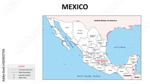 Mexico Map. State map of Mexico. Administrative map of Mexico with state and capital in white color.