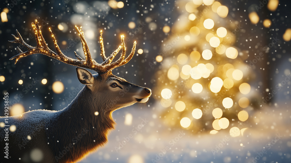 A majestic deer with a velvet-soft coat and impressive antlers stands in a snow-covered forest, illuminated by soft, golden fairy lights. In the background, a beautifully decorated