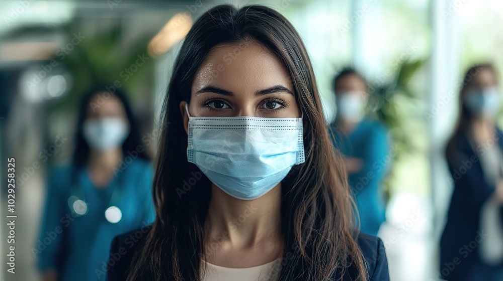 A woman in a mask stands confidently, surrounded by others in masks, symbolizing health, safety, and unity in challenging times. A woman in a mask stands confidently, surrounded by others in masks, symbolizing health, safety, and unity in challenging times.