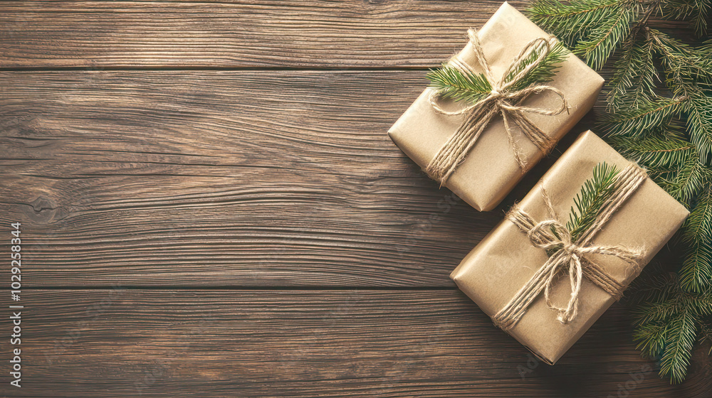 Eco-friendly wrapped gifts with twine and pine branches on a rustic wooden background with copy space. Eco-friendly wrapped gifts with twine and pine branches on a rustic wooden background with copy space.