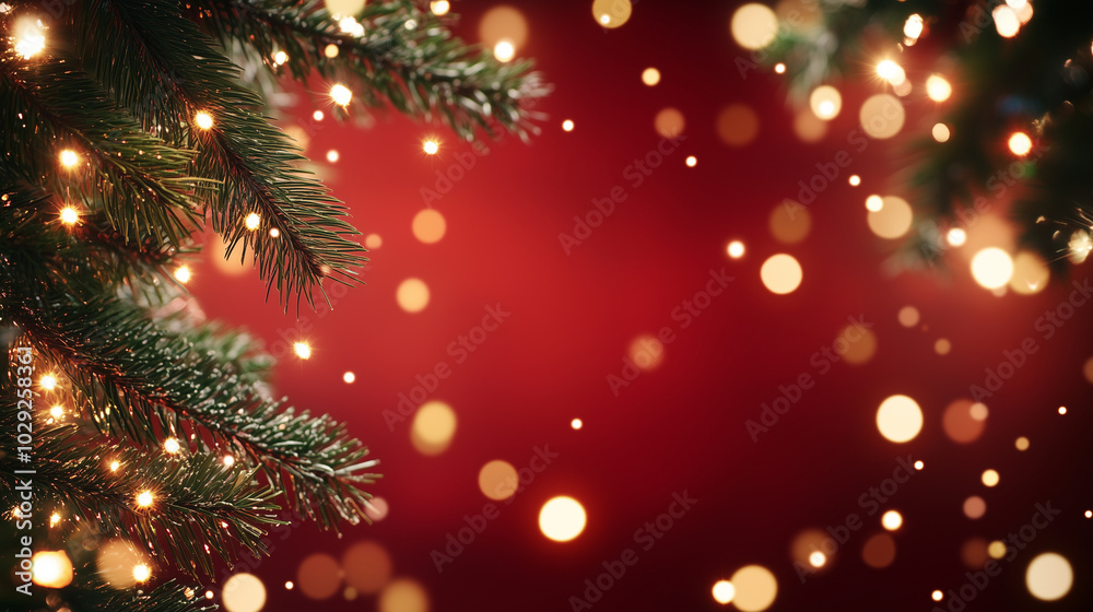 A beautiful Christmas frame with pine tree branches covered in twinkling lights and small glowing stars, creating a festive and warm holiday atmosphere. The deep red background is A beautiful Christmas frame with pine tree branches covered in twinkling lights and small glowing stars, creating a festive and warm holiday atmosphere. The deep red background is