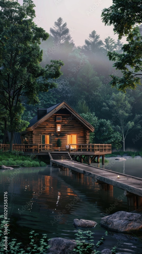 Serene lakeside cabin with a wooden dock, 4K hyperrealistic photo Serene lakeside cabin with a wooden dock, 4K hyperrealistic photo