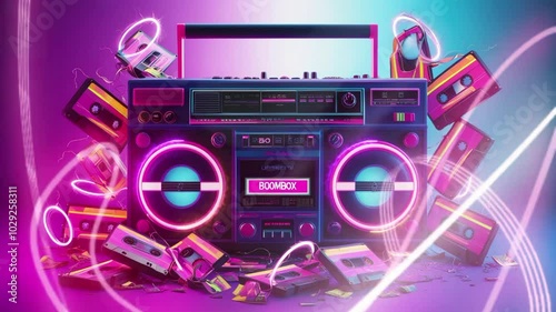 Retro boombox on a gradient background, with neon colors applied to the buttons, dials and boombox cassettes scattered around it. seamless looping 4k video background animation