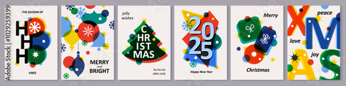 Set of creative colorful cards, flyers, posters for 2025 New Year. Numbers design. Christmas greetings. Modern minimal flat style. Bright colors.  Confetti, gift boxes, bell, Christmas trees.