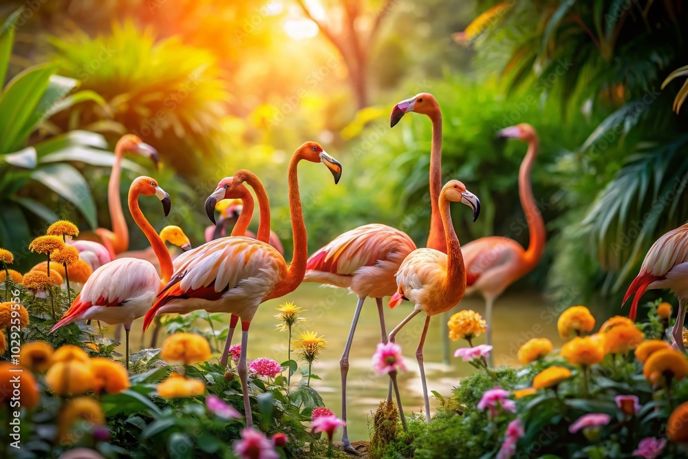 Tilt-Shift Photography of Flamingoes Among Vibrant Tropical Flowers in a Lush Garden Setting Tilt-Shift Photography of Flamingoes Among Vibrant Tropical Flowers in a Lush Garden Setting