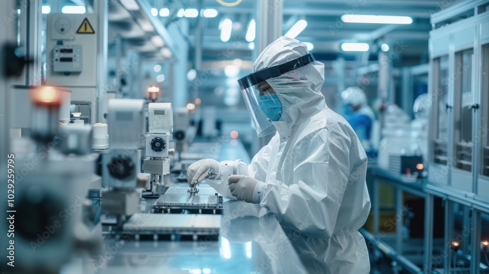 A Worker in a Cleanroom Suit Assembling Components on a Conveyor Belt A Worker in a Cleanroom Suit Assembling Components on a Conveyor Belt