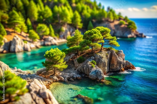 Tilt-Shift Photography of Pine Trees on the Rocks in Capriccioli, Stunning Coastal Landscape in Sardinia photo