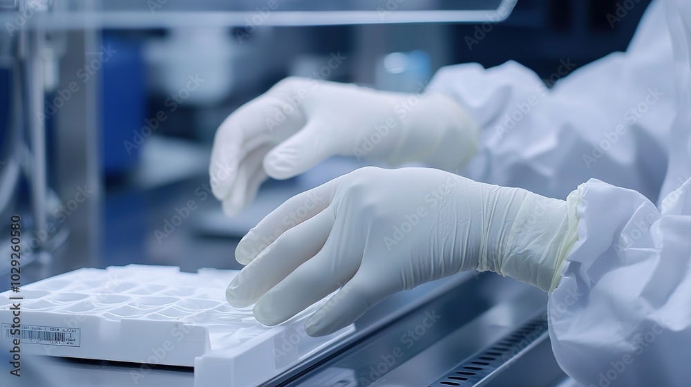A person in gloves carefully handles a lab sample under sterile conditions in a scientific laboratory environment. A person in gloves carefully handles a lab sample under sterile conditions in a scientific laboratory environment.