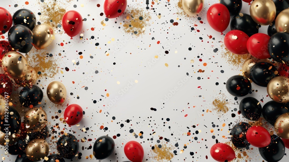 Red, Black, and Gold Balloons with Confetti on a White Background