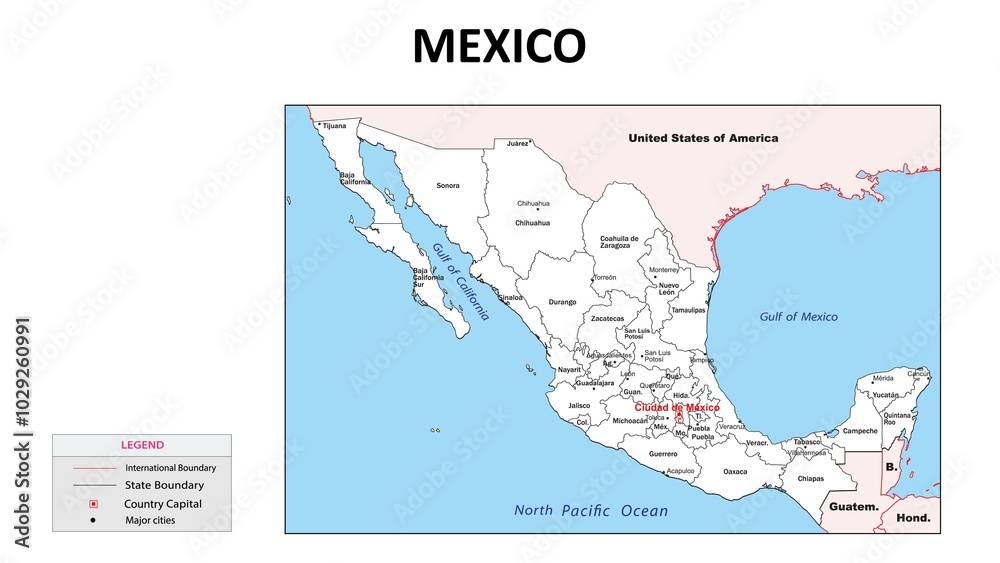 Mexico Map. State map of Mexico. Administrative map of Mexico with state and capital in white color.