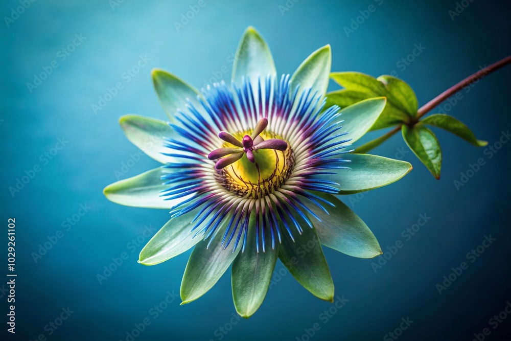 Obraz premium Time Lapse of Passiflora Flower Opening Against Serene Blue Background for Stunning Minimalist Photography