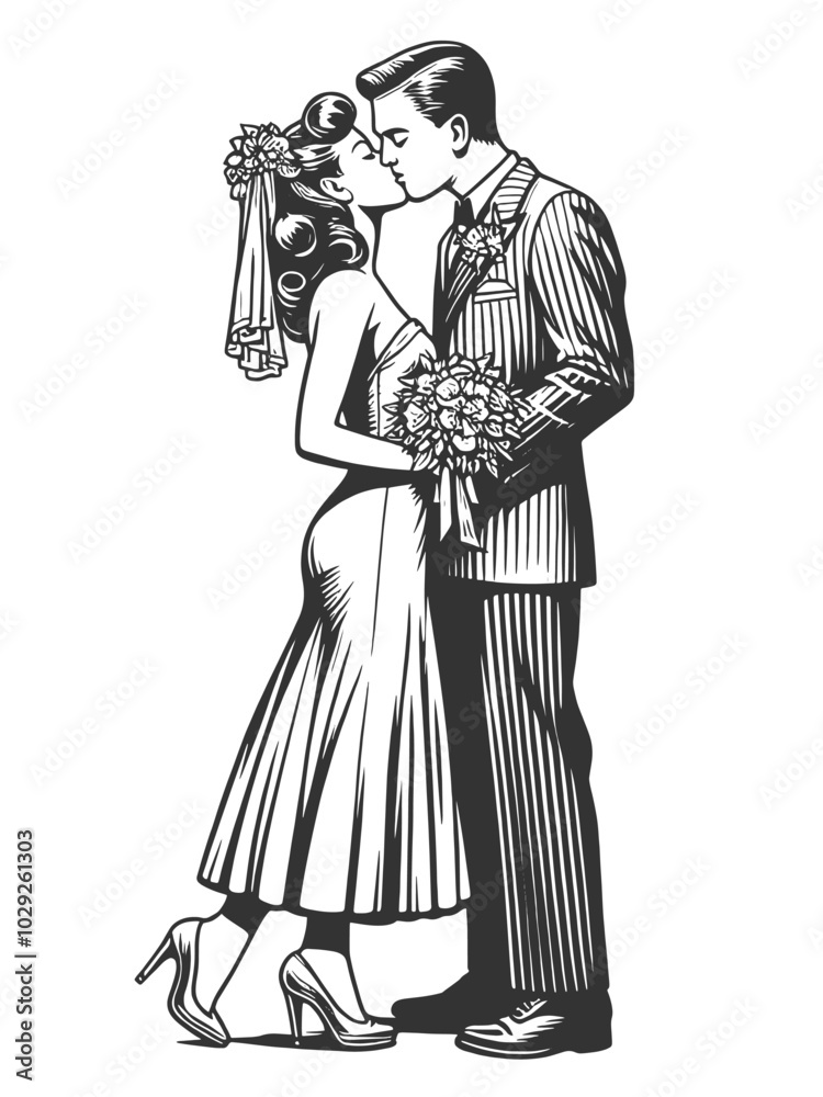 bride and groom kissing, with the bride in a lace dress and the groom in formal attire sketch engraving generative ai vector illustration. Scratch board imitation. Black and white image. bride and groom kissing, with the bride in a lace dress and the groom in formal attire sketch engraving generative ai vector illustration. Scratch board imitation. Black and white image.