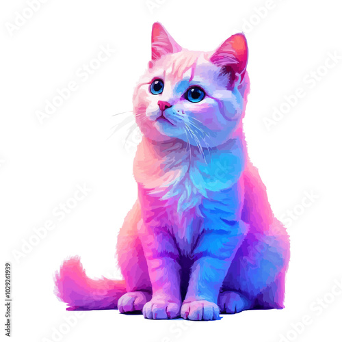 Colorful pet cat water color vector for logo and illustration.  A colorful, abstract cat with vibrant pink, blue, and purple fur sitting against a white background