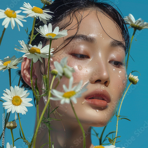 Skincare editorial shoot of an asian model with daisies in front of a blue background