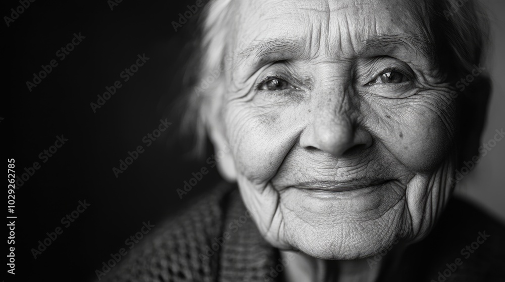 Joyful elderly woman smiling softly in a black and white portrait with detailed wrinkles and high contrast lighting Joyful elderly woman smiling softly in a black and white portrait with detailed wrinkles and high contrast lighting