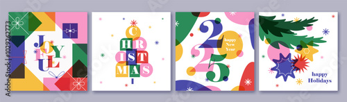 Set of creative colorful cards, flyers, posters for 2025 New Year. Numbers design. Christmas greetings. Modern minimal flat style. Bright colors.  Confetti, gift boxes, bell, Christmas trees.