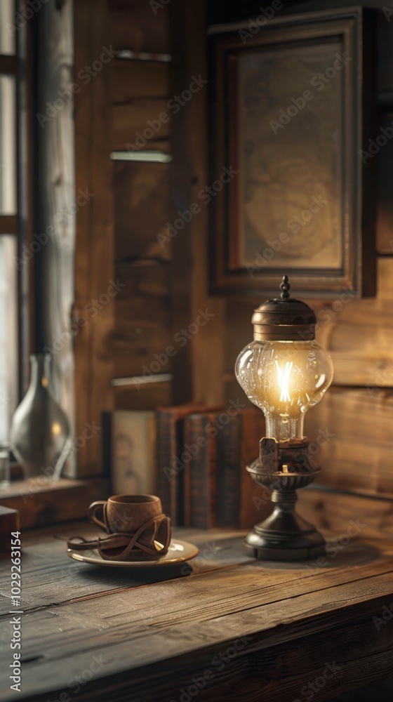 Old lamp on a wooden desk, 4K hyperrealistic photo Old lamp on a wooden desk, 4K hyperrealistic photo