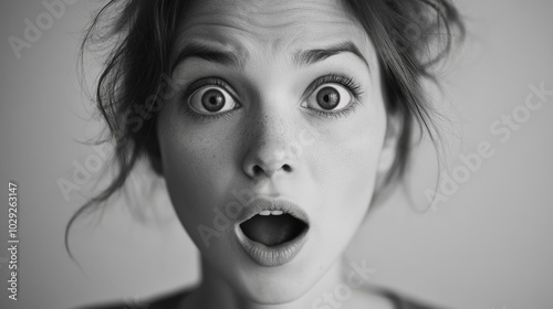 A close-up black and white portrait of a surprised woman with expressive features and soft lighting