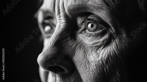 A poignant chiaroscuro portrait of a sad elderly woman, highlighting the emotion etched in her wrinkles and deep gaze