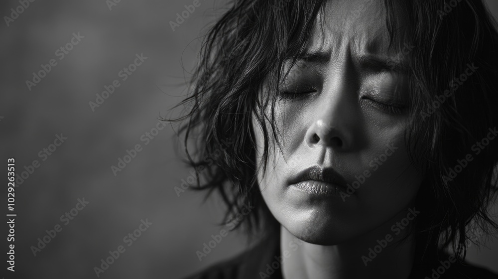 Close-up of a sad Asian woman expressing quiet despair in soft light and shadow against a neutral backdrop Close-up of a sad Asian woman expressing quiet despair in soft light and shadow against a neutral backdrop