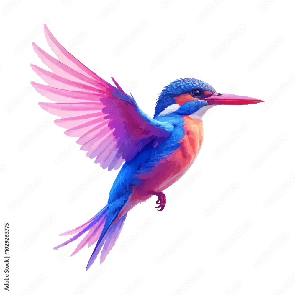 Fototapeta premium Colorful vector kingfisher water color illustration for logo and illustration.. A colorful, abstract bird with vibrant pink, blue, and purple fur sitting against a white background