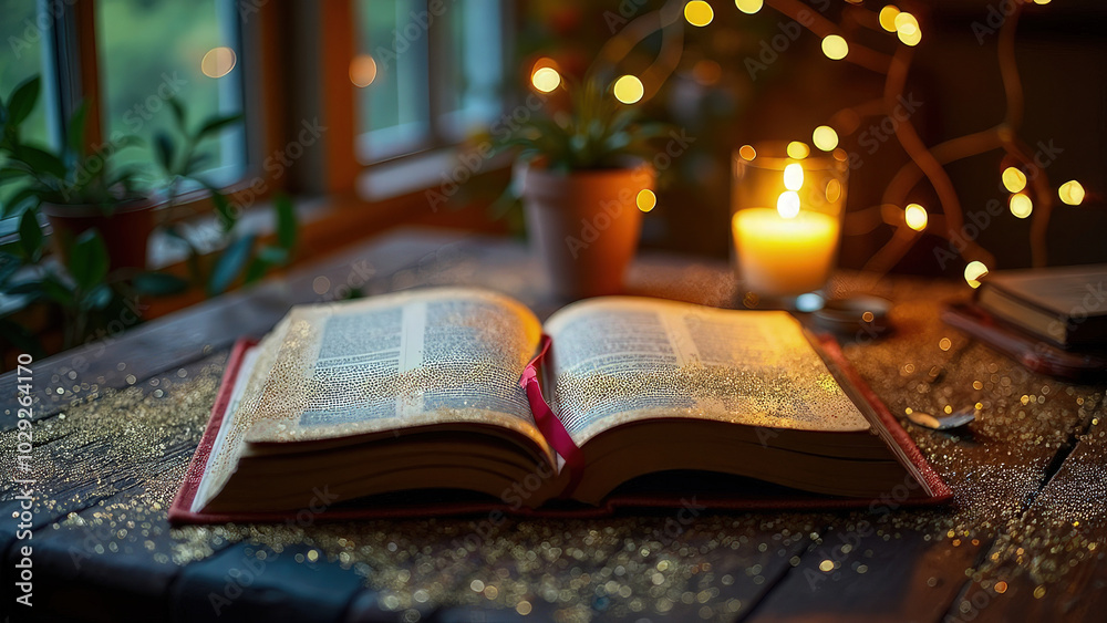 Ethereal, mystical lighting surrounds an open book on a table, glowing softly in the night. Glittering particles float above, evoking a sense of magic, imagination, and wisdom Ethereal, mystical lighting surrounds an open book on a table, glowing softly in the night. Glittering particles float above, evoking a sense of magic, imagination, and wisdom
