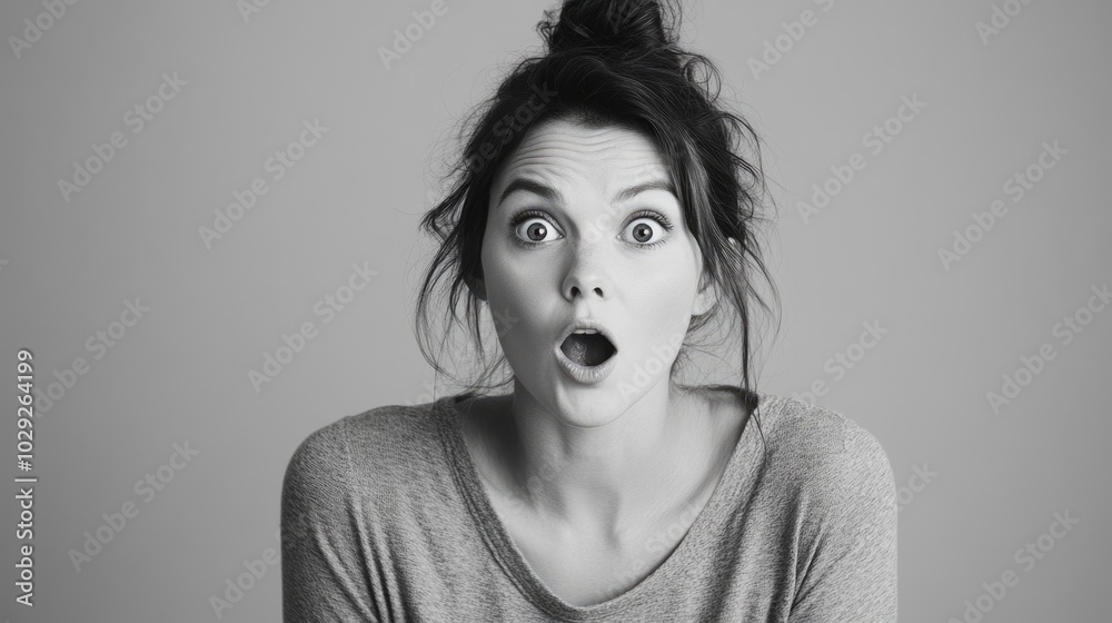 Surprised woman displays a striking expression against a neutral gray backdrop with high-contrast lighting Surprised woman displays a striking expression against a neutral gray backdrop with high-contrast lighting