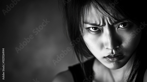 Bold black and white portrait capturing the anger of an Asian woman in modern fine art style