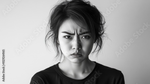 Intense black and white portrait of an angry Asian woman showcasing deep emotion in minimalist style with strong shadow play