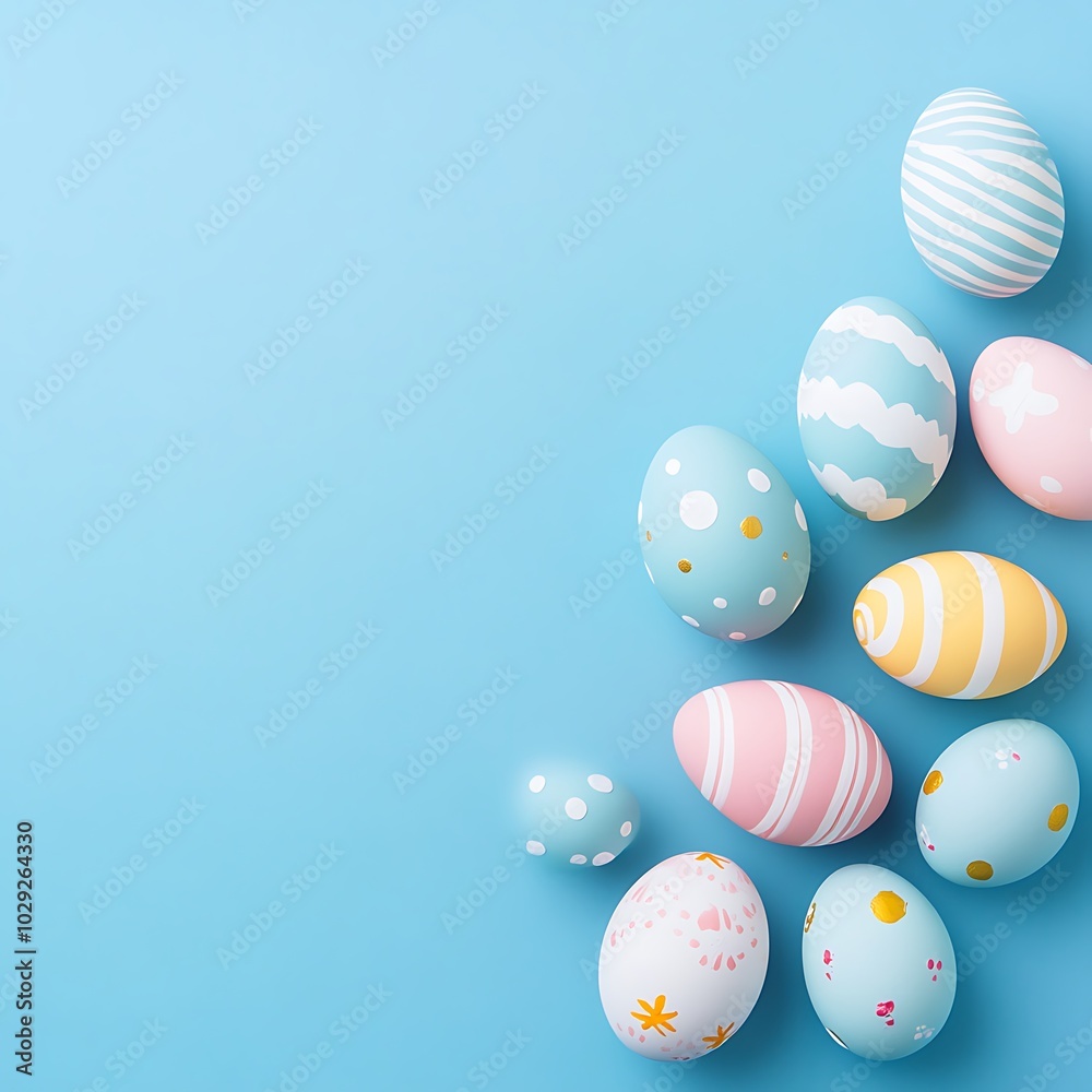 A collection of decorated Easter eggs on a light blue background. A collection of decorated Easter eggs on a light blue background.