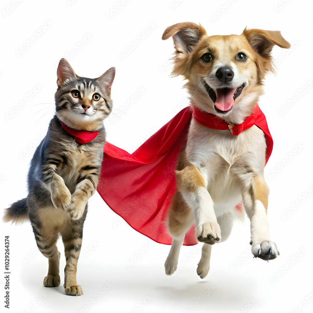 Fototapeta premium a dog wearing a superhero cape trying to fly
