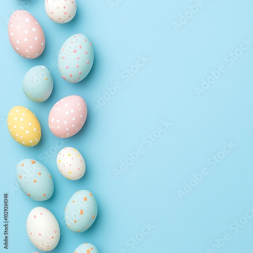 Colorful Easter eggs arranged on a blue background, perfect for festive decoration.