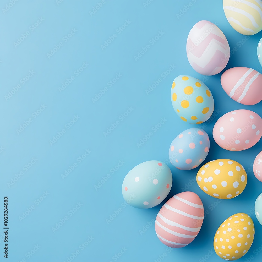 Fototapeta premium Colorful decorated Easter eggs arranged on a blue background.