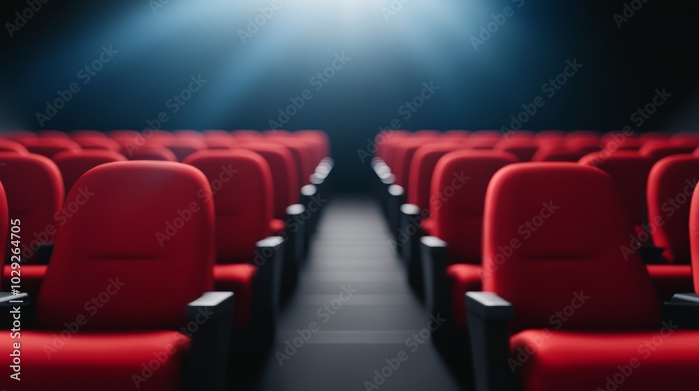 Obraz premium Luxurious red velvet theater seats arranged in an empty auditorium, illuminated by a bright spotlight shining from above.
