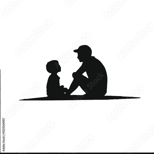 A silhouette of an adult man sitting on the ground and a young child sitting next to him, 