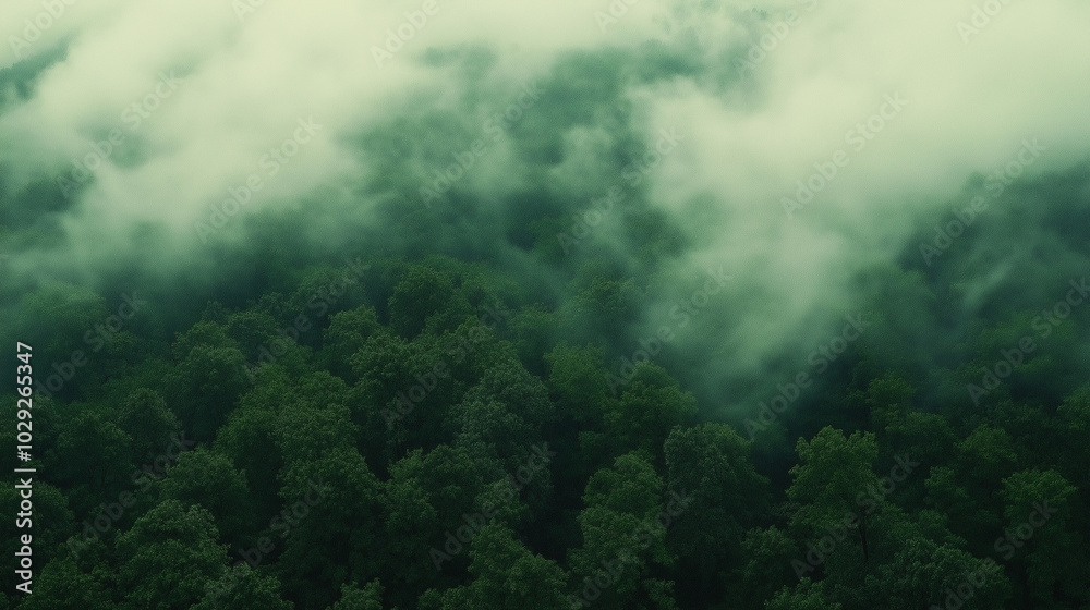 An aerial view of a dense forest shrouded in mist, the tops of the trees barely visible through the thick fog. An aerial view of a dense forest shrouded in mist, the tops of the trees barely visible through the thick fog.
