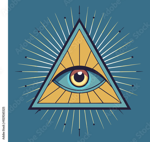 Vector illustration of a detailed all-seeing eye at the center of a triangle, representing the Illuminati symbol of the Pyramid Eye. Seamless pattern featuring the seeing eye icon.