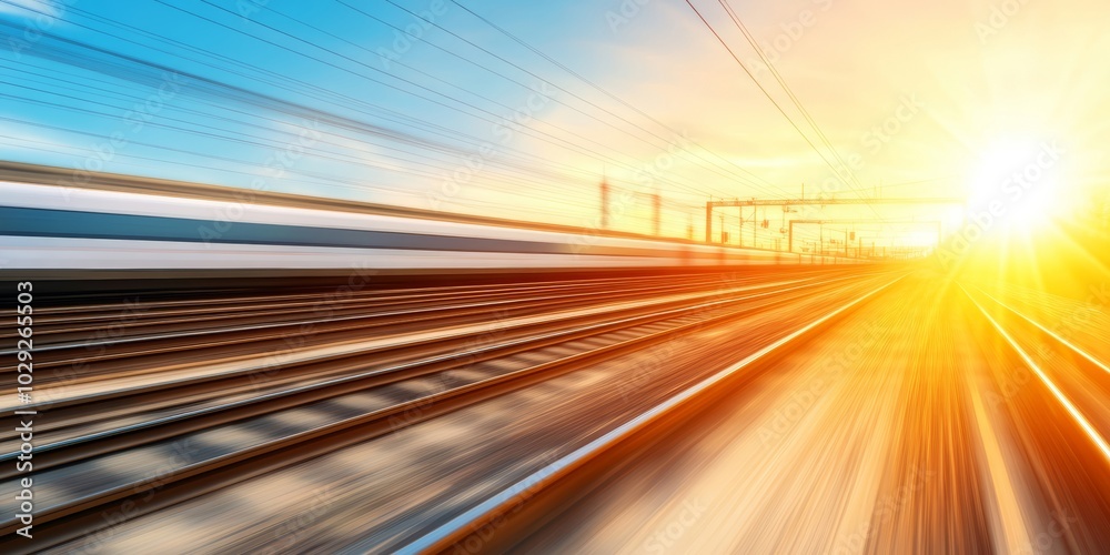 Early morning at train station platform with bright warm sunlight and blurred motion of a passing train. Early morning at train station platform with bright warm sunlight and blurred motion of a passing train.
