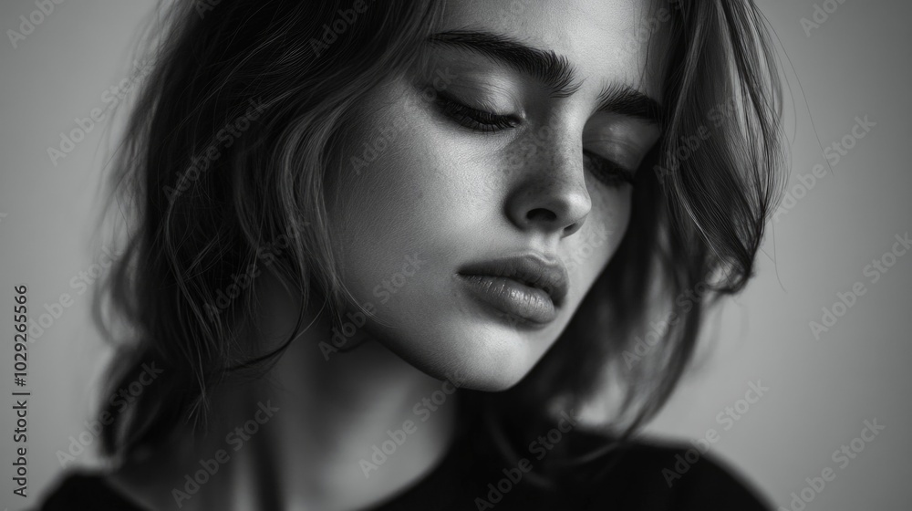 A monochrome portrait of a woman expressing deep sadness in minimalist style with soft shadows and a neutral background A monochrome portrait of a woman expressing deep sadness in minimalist style with soft shadows and a neutral background