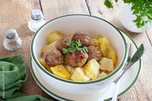 Potatoes with meatballs in a bowl on a wooden table, selective focus