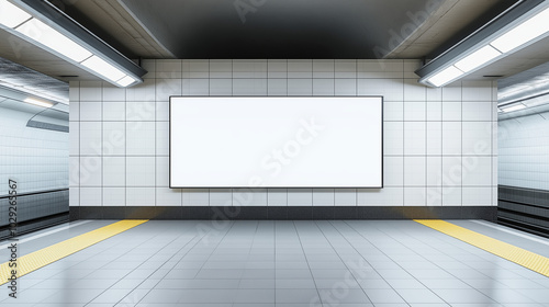 Blank horizontal billboard with white space for mockup hanging on wall in underground subway station