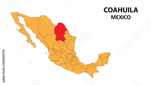 Coahuila Map is highlighted on the Mexico map with detailed state and region outlines.