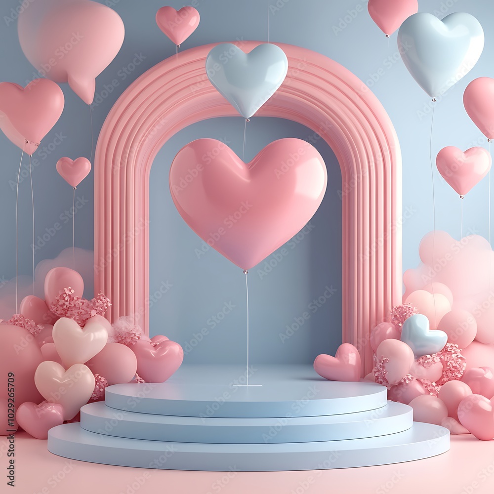 A whimsical setup featuring heart-shaped balloons and a pastel arch, perfect for celebrations. A whimsical setup featuring heart-shaped balloons and a pastel arch, perfect for celebrations.