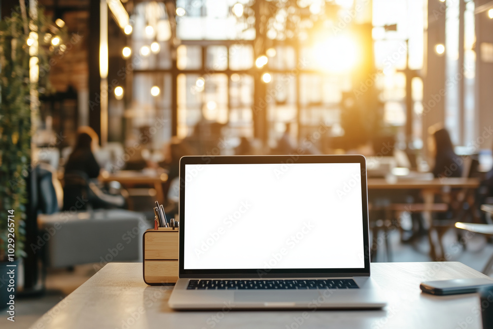 A blank white screen of an open laptop placed on the table in front view with a blurred background, a concept for displaying images or text. The scene is set against a blurry office interior backdrop. A blank white screen of an open laptop placed on the table in front view with a blurred background, a concept for displaying images or text. The scene is set against a blurry office interior backdrop.